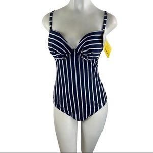 VINTAGE WONDERBRA 90s Navy & White Stripes One Piece Swim Suit Size 10 NWT